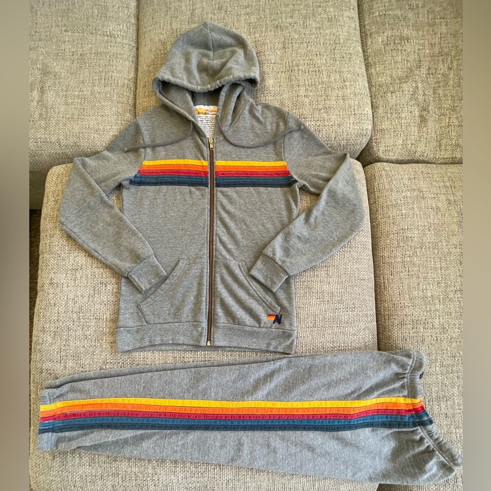 Aviator Nation Grey 5 Rainbow Stripe Zip Hoodie & Sweats Set Unisex Size Medium